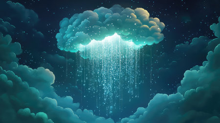 Cloud computing concept raining sparkling digital data