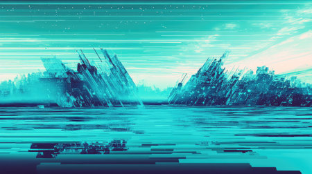 Digital landscape with glitched futuristic city skyline
