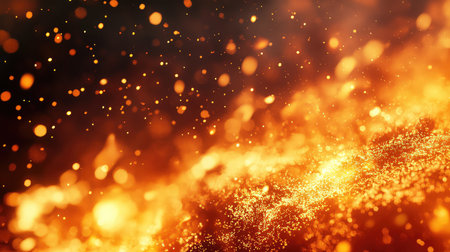 Glowing particles floating in fiery orange bokeh abstract background