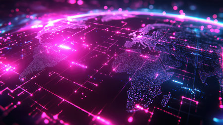 Global network connecting world with digital data lines