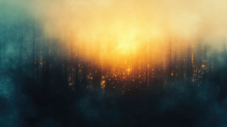 Wildfire raging through forest with smoke and fiery glowの写真素材