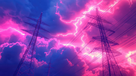 Electricity pylons under dramatic storm clouds with lightning