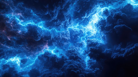 Blue lightning breaking through a dark storm cloud