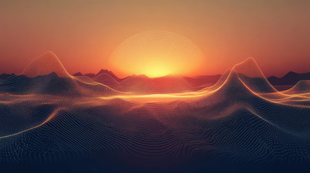 Abstract digital landscape with glowing data waves at sunset