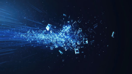 Digital data exploding with glass fragments and light rays