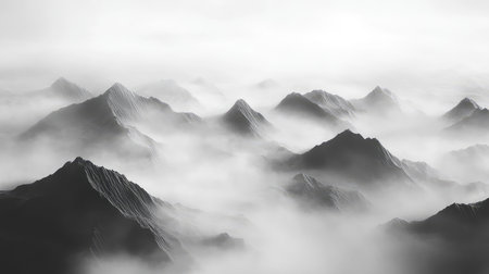 Mountain peaks in dense fog and clouds covering a gray landscapeの写真素材