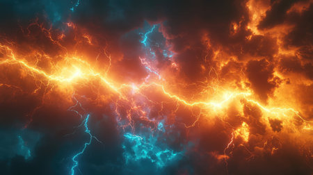 Opposing lightning striking through a vibrant stormy cloudscapeの写真素材