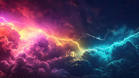 Vibrant cosmic storm with colorful clouds and lightning