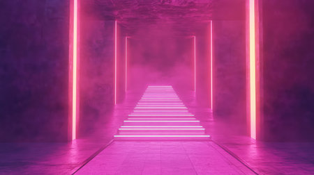 Glowing neon stairs leading through futuristic tunnel