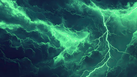 Green lightning striking through dark thundercloudsの写真素材