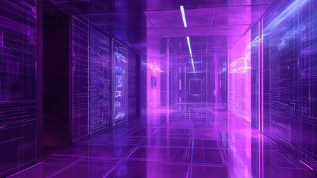 Digital data flowing through futuristic glowing corridor