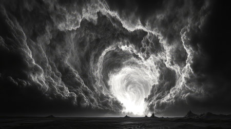 Dark swirling storm clouds with light emerging from vortexの写真素材