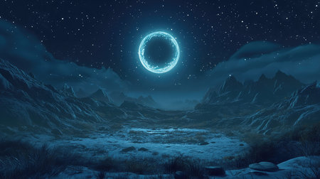 Glowing moon over alien mountainous barren landscapeの写真素材