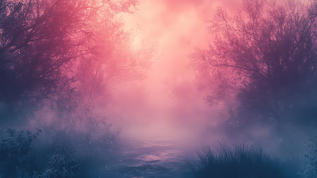 Foggy forest path with mystical vibrant colorsの写真素材