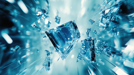 Glass cube breaking apart into flying fragmentsの写真素材
