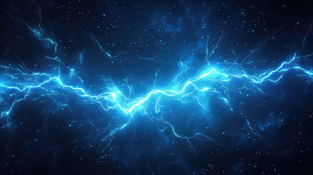 Blue electrical lightning discharge creating powerful energy connection