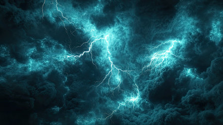 Powerful lightning striking dark stormy cloudsの写真素材