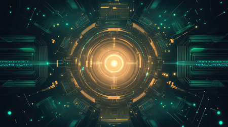 Central glowing core powering a futuristic digital network