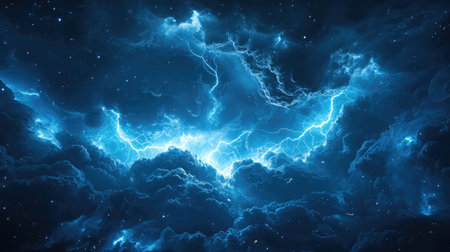 Blue lightning bolts creating powerful energy within dark clouds
