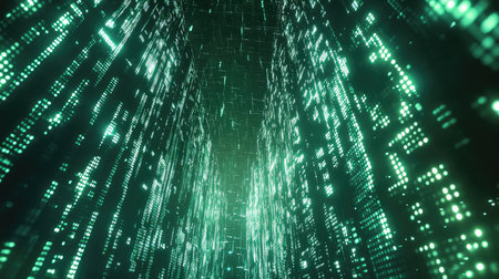Digital data moving through futuristic green network tunnel