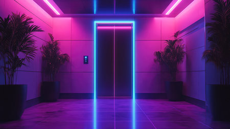 Elevator entrance featuring vibrant neon lighting and potted plantsの写真素材