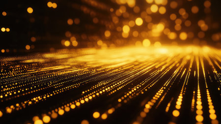 Golden digital data stream flowing particles abstract background