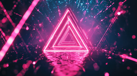 Abstract neon light triangles forming digital tunnel