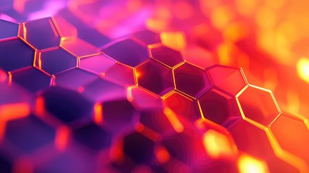 Hexagonal grid glowing with vibrant orange and purple light