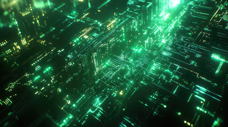 Circuit board cityscape digital data flowing