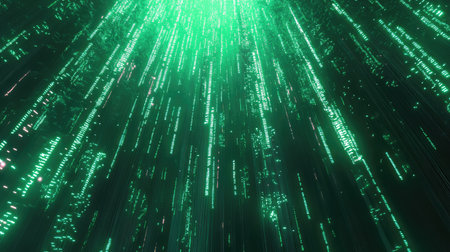 Green digital raining code data stream flowingの写真素材