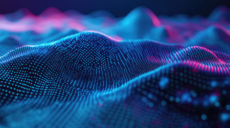 Digital data points creating abstract glowing wave network