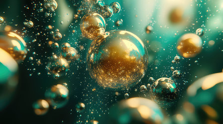 Golden and teal bubbles interacting as abstract particles