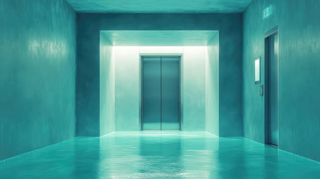 Teal illuminated corridor leading towards modern elevator doorsの写真素材