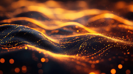 Abstract golden particle wave creating digital data backgroundの写真素材