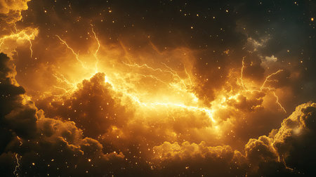 Golden storm clouds bursting with powerful lightning and energy