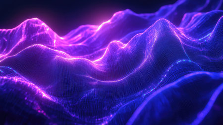 Digital flowing wave vibrant neon grid surface