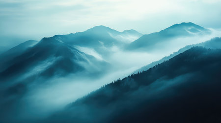 Misty mountain range covering a forest landscapeの写真素材