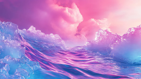 Abstract ice formations and vibrant flowing liquid fantasy scene