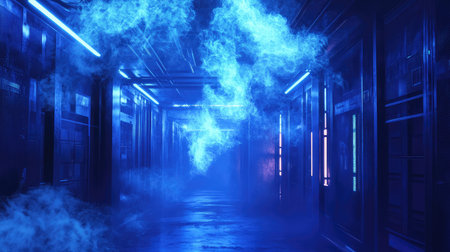 Blue smoke swirling in futuristic server corridor