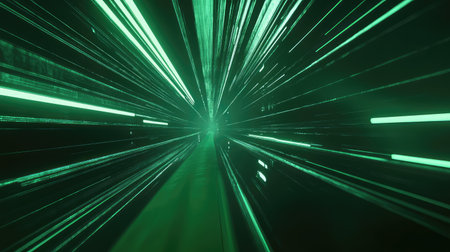 Fast moving green light trails abstract data tunnel