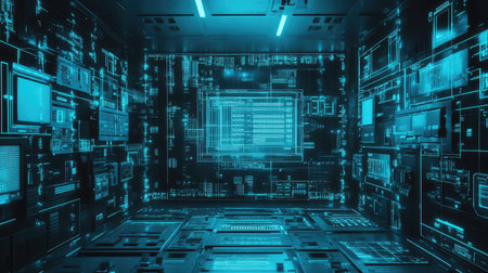Digital data network displaying futuristic user interface elements