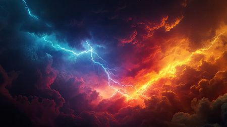 Powerful lightning striking between glowing storm clouds
