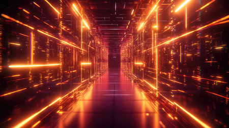 Digital data flowing through futuristic network server tunnel
