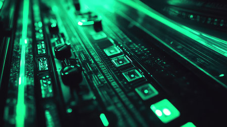 Digital control panel surface glowing with neon green light