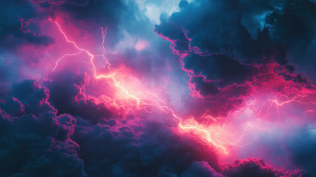 Pink lightning striking through dark cumulus clouds
