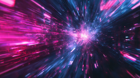 Abstract glowing neon light streaks flowing in digital space
