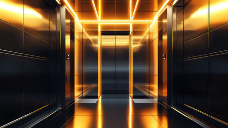 Modern luxury elevator lobby with glowing golden lightの写真素材