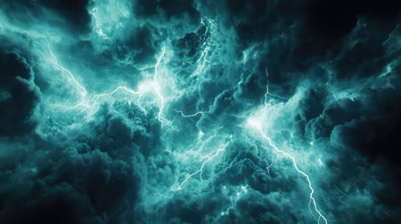 Turbulent dark storm clouds creating powerful lightning bolts