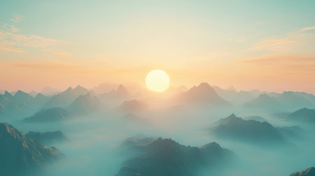 Sun rising over foggy mountain range vista with tranquil sky
