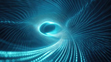 Abstract glowing particle tunnel creating futuristic deep space portalの写真素材